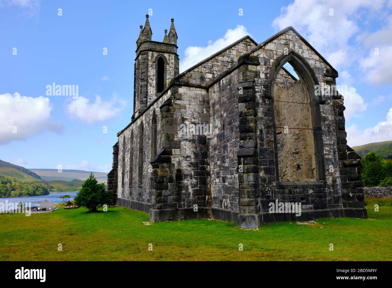 The ruins of Dunlewey Church, located in Poisoned Glen, County Donegal, Ireland. Dunlewey is a small Gaeltacht village Stock Photo