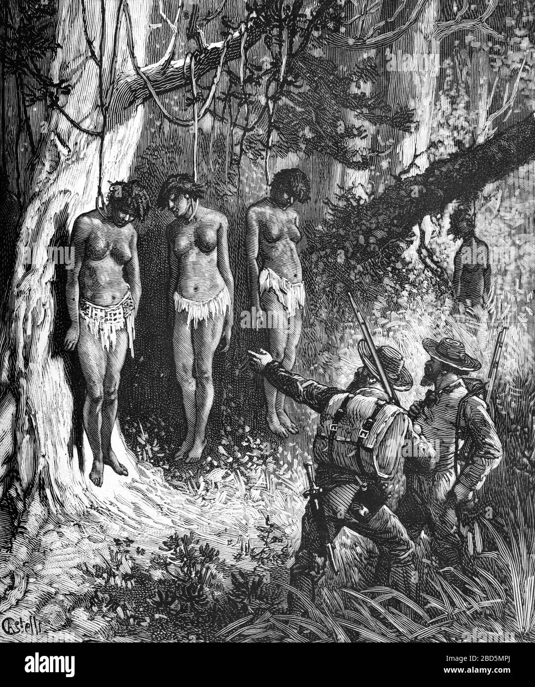 Ritual Suicide by Hanging of Widows of Deceased Kanak Chief in New Caledonia. Vintage or Old Illustration or Engraving 1882 Stock Photo