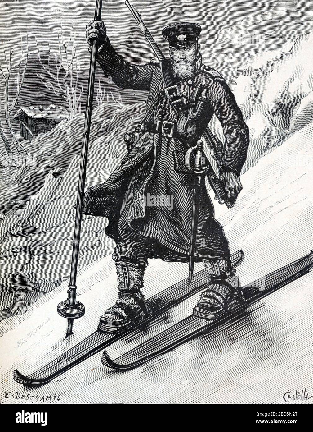 Norwegian Soldier Skiing on Early Wooden Skis in Norway. Vintage or Old Illustration or Engraving 1882 Stock Photo