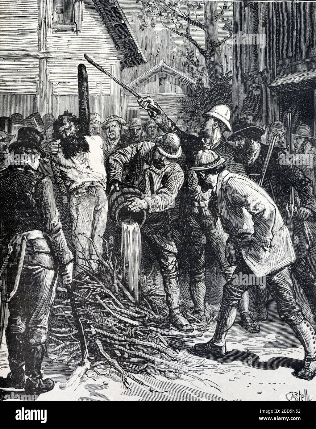 Burning at the Stake, Death by Burning or Man Being Burned at the Stake Georgia United States or USA. Vintage or Old Illustration or Engraving 1882 Stock Photo