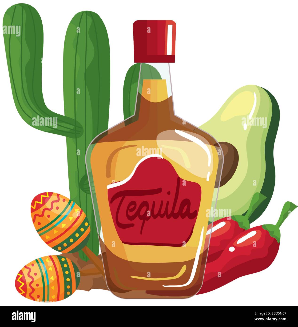 Mexican tequila bottle chillis avocado maracas and cactus vector design ...