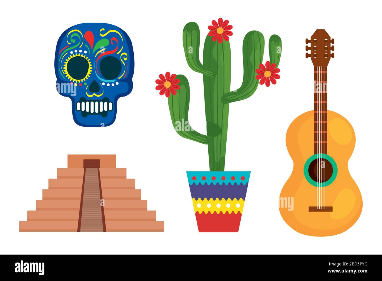 Mexican skull pyramid cactus and guitar vector design Stock Vector ...