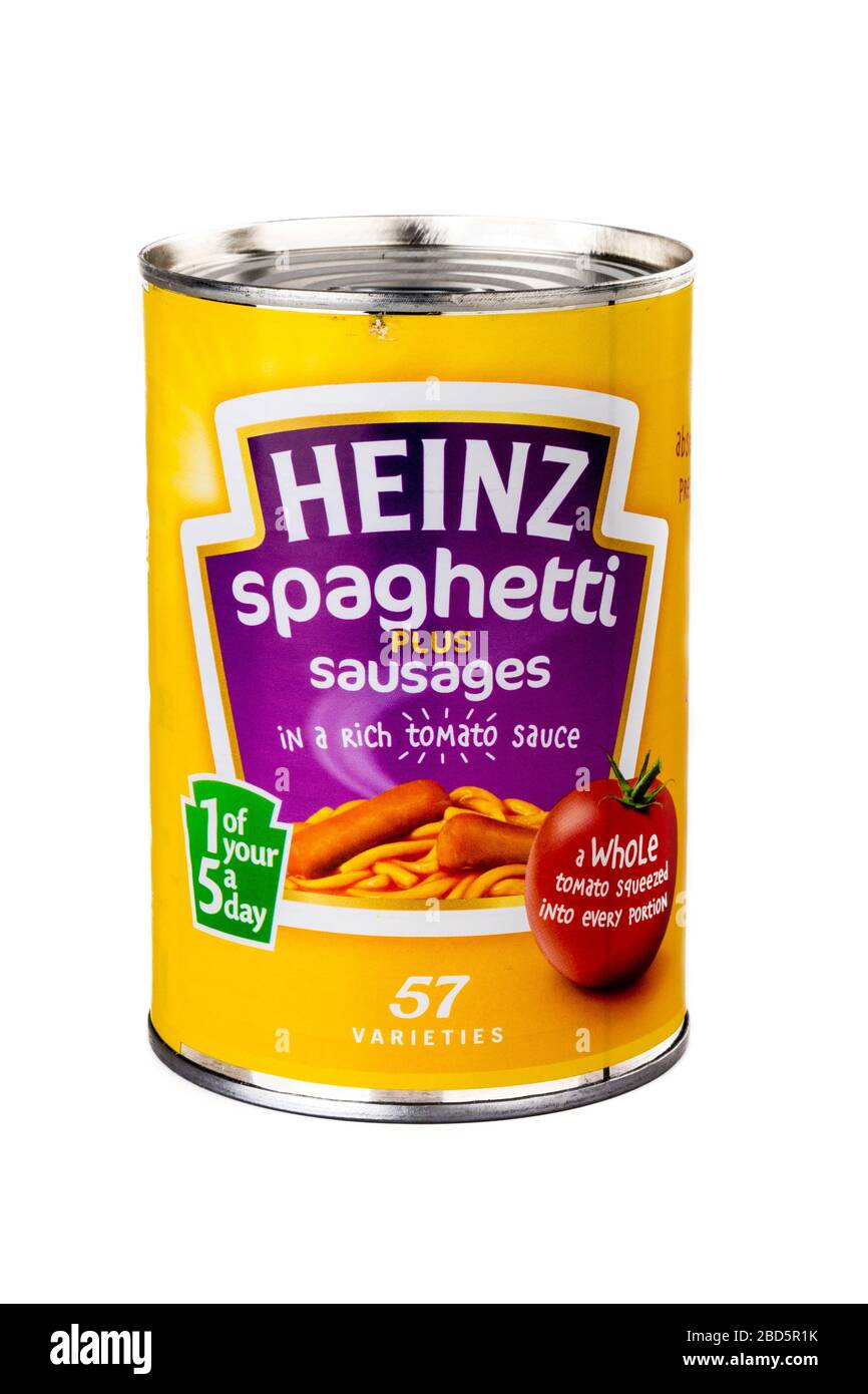 Heinz Spaghetti & Sausages, Heinz Spaghetti tin, Heinz Spaghetti, tin, tinned, can, Heinz, canned food, tinned food, heinz Spaghetti, cutout, brand Stock Photo