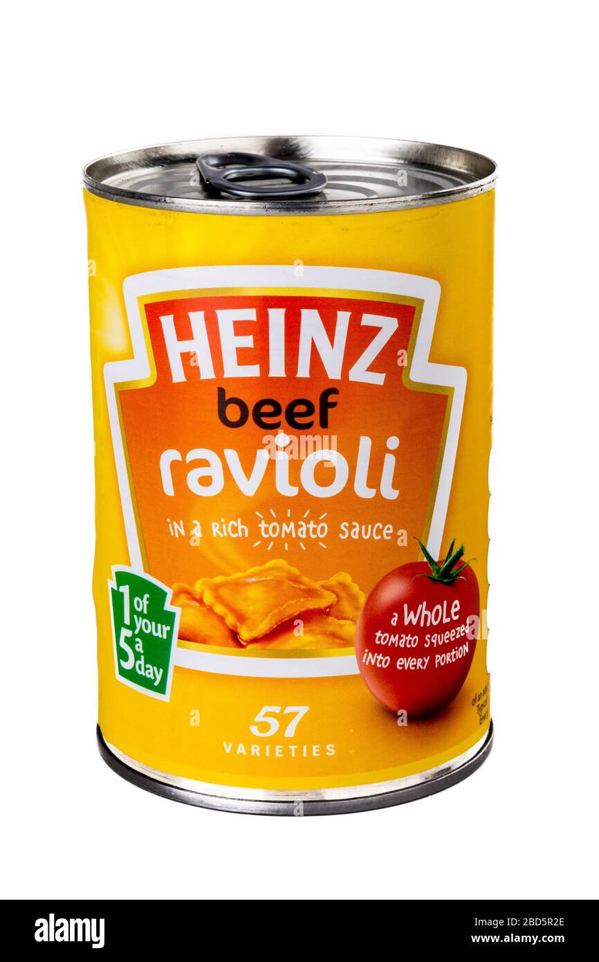 Heinz Beef Ravioli, Heinz Beef Ravioli tin, Heinz Ravioli, tin, tinned, can, Heinz, canned food, tinned food, heinz Beef Ravioli, cutout, brand, Stock Photo