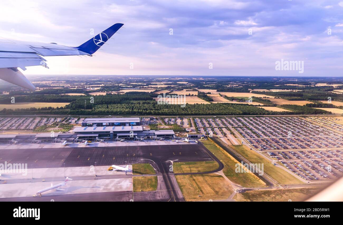 Denmark, Billund Aerial view of the Billund Airport, located next to