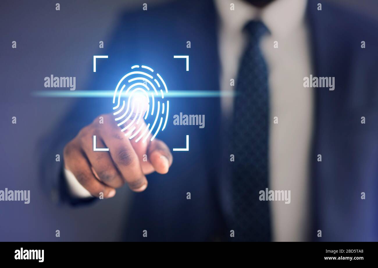 Businessman Touching Fingerprint Scanner On Virtual Panel For Access, Cropped Stock Photo