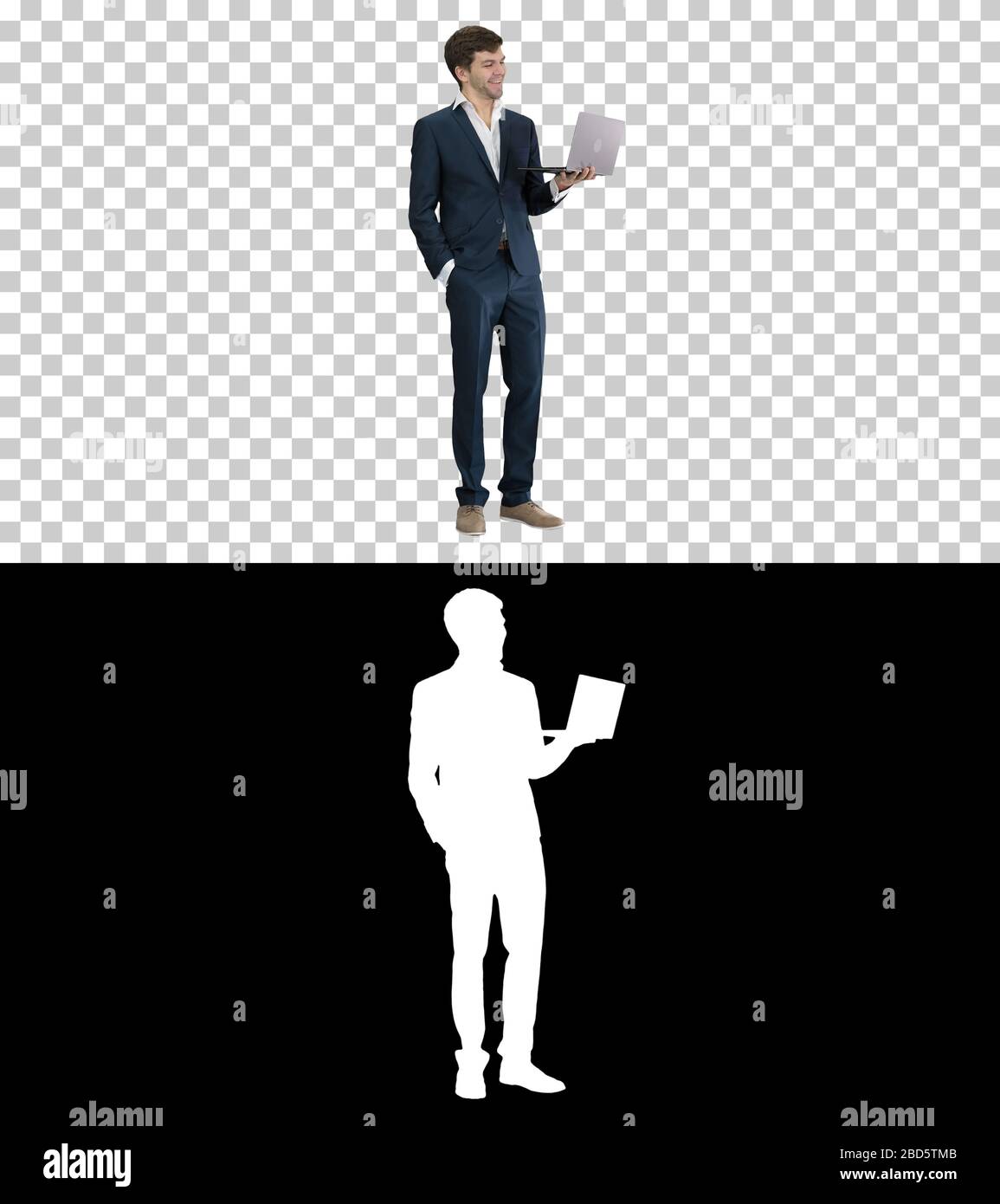 Very excited elegant man in suit standing with laptop in hands S Stock Photo