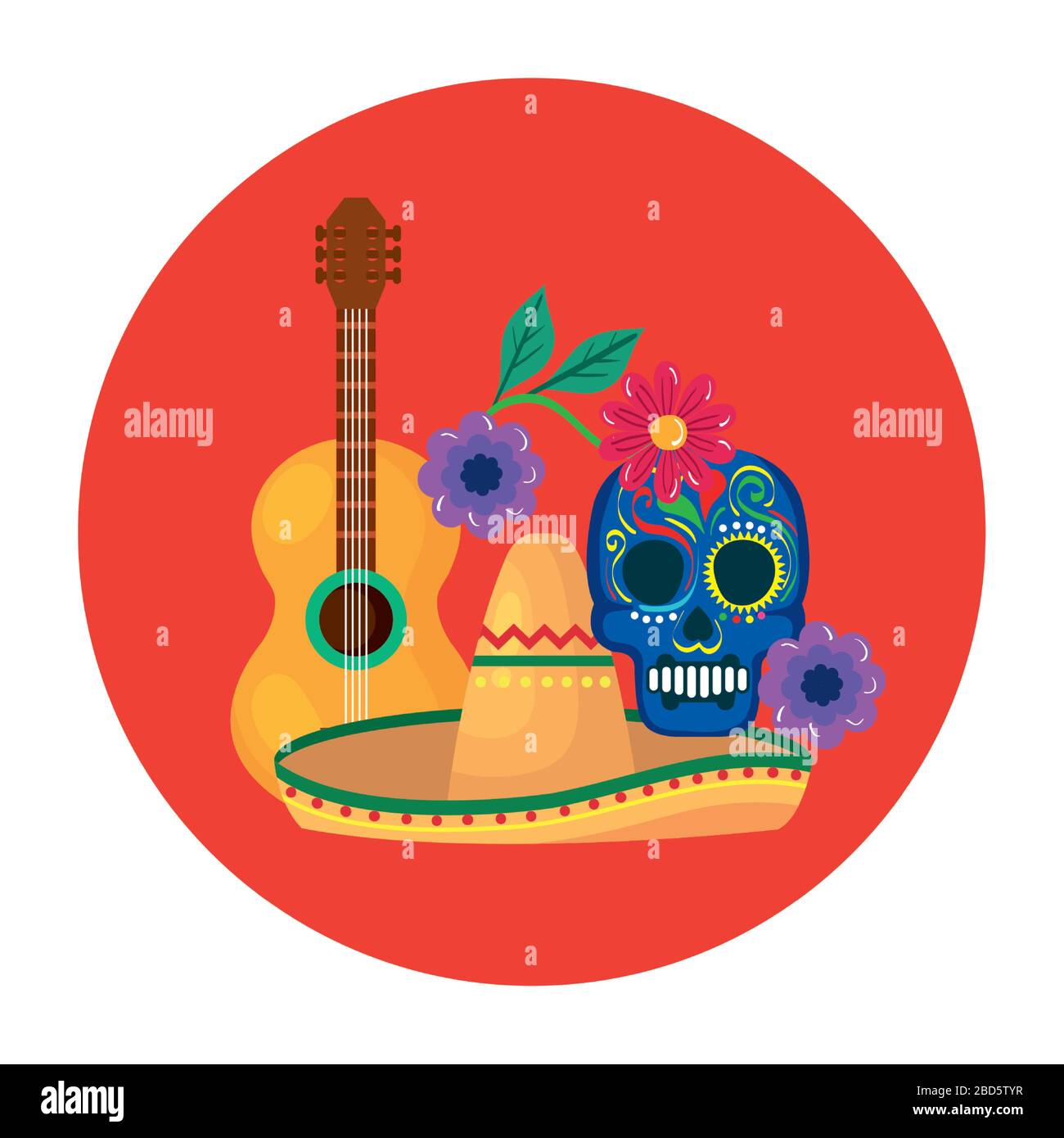 Mexican hat guitar skull and flowers vector design Stock Vector Image ...