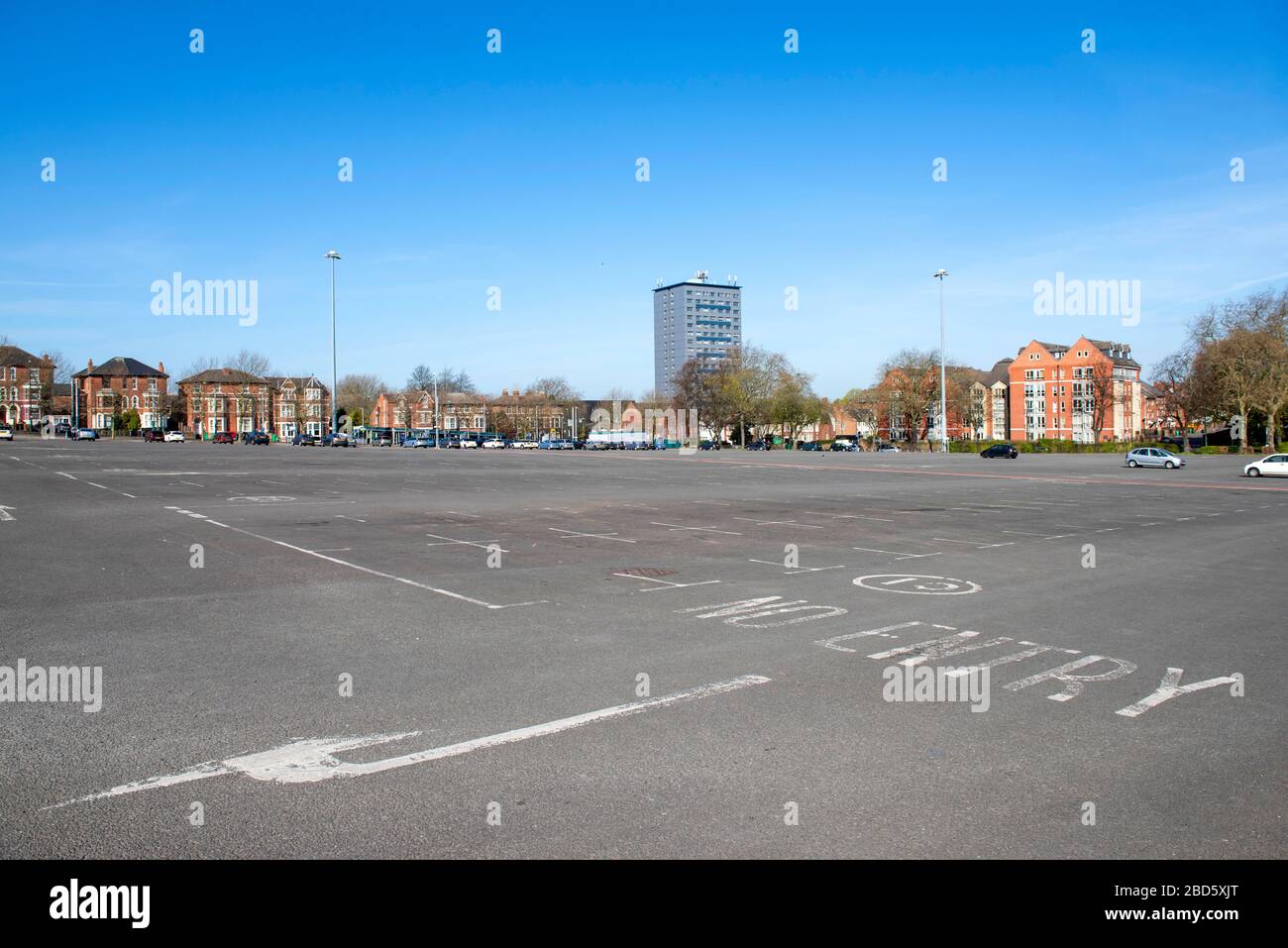 A virtually empty Forest Park and Ride, captured during the Covid-19 lockdown, April 2020 Forest Fields Nottingham England UK Stock Photo