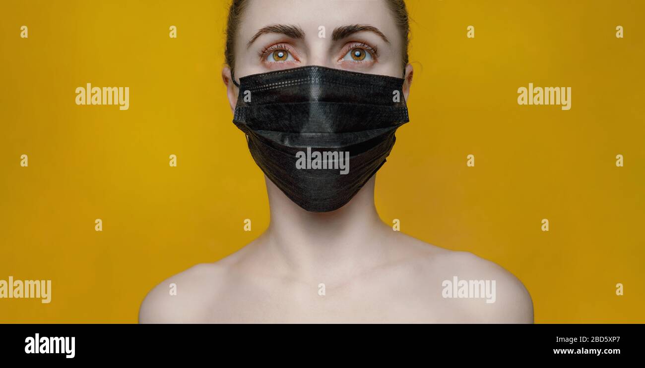 Download Young Woman In Protective Mask On Yellow Background Banner Concept Pandemic Epidemic Covid Ncov Stock Photo Alamy Yellowimages Mockups