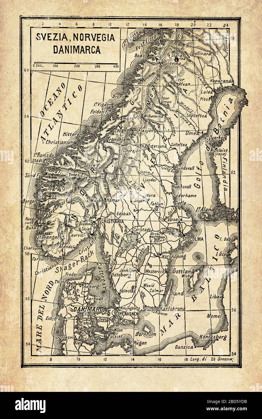 Ancient map of Scandinavian Peninsula with the Nordic countries Norway and Sweden surrounded by island archipelagos, by the North and Baltic seas and the Atlantic ocean Stock Photo