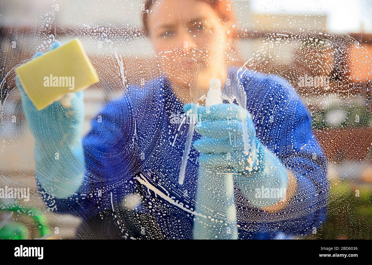 housekeeping cleaning the windows, Window cleaner using a squeegee