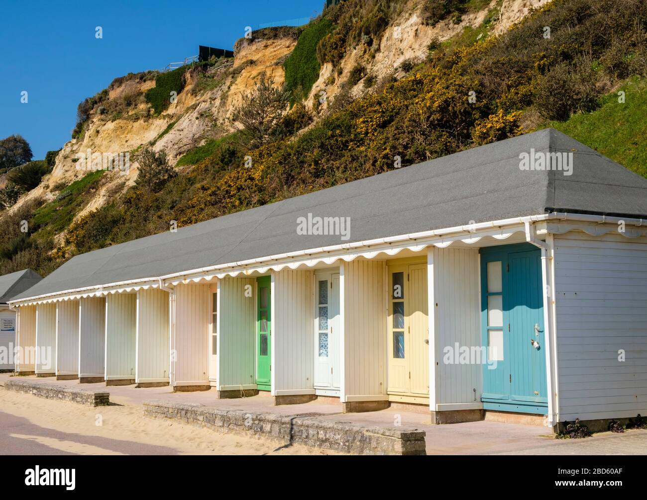 Bournemouth Beach Huts on the Promenade in Lockdown during the Coronavirus  Pandemic, Dorset, England, UK. Stock Photo