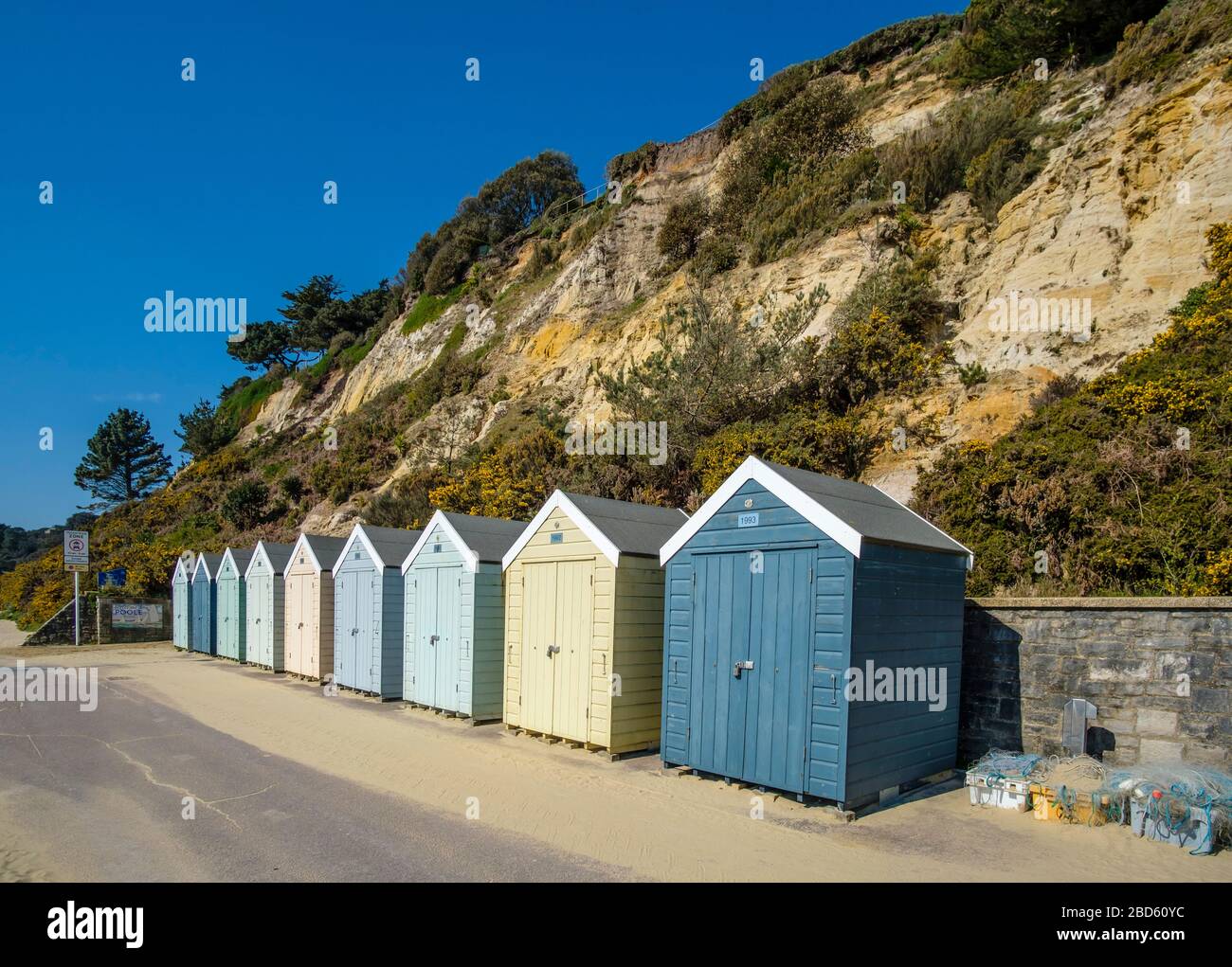 Bournemouth Beach Huts on the Promenade in Lockdown during the Coronavirus  Pandemic, Dorset, England, UK. Stock Photo