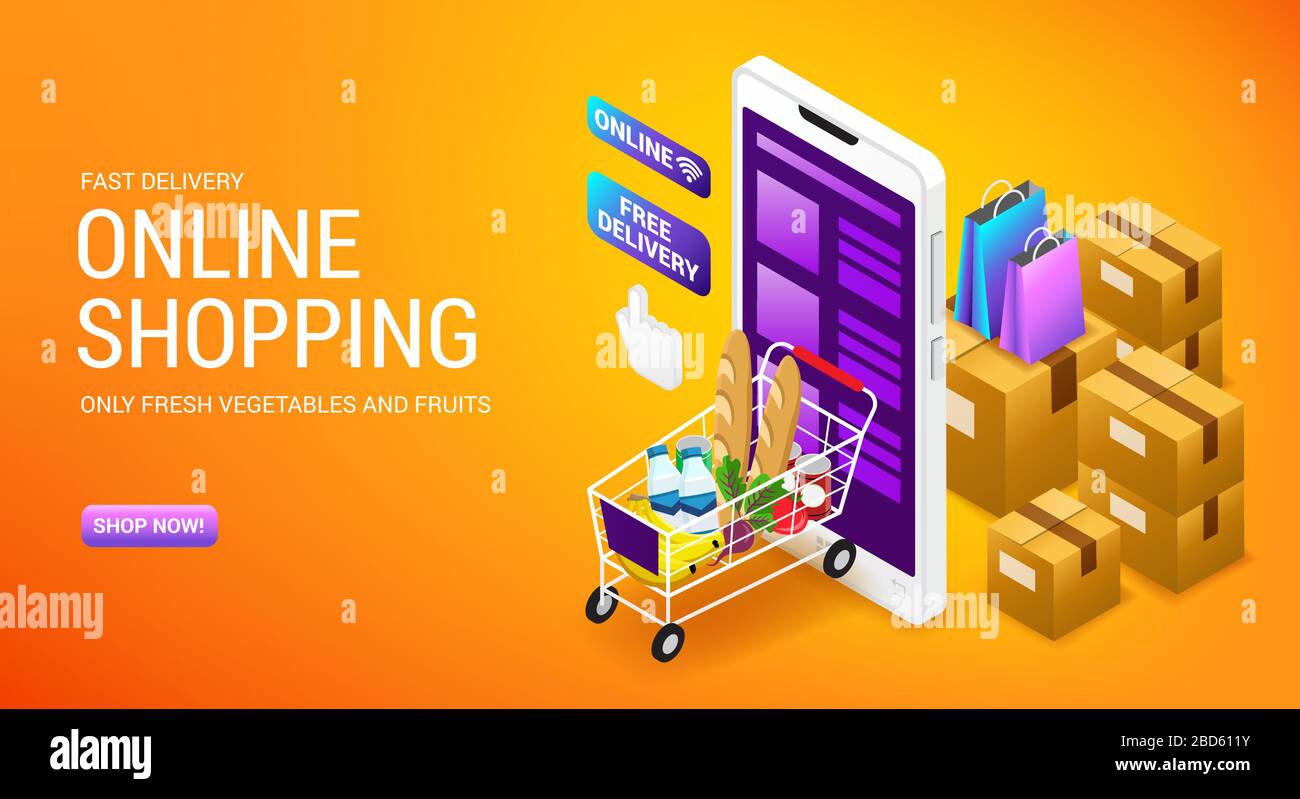 Online shopping, order delivery service, store landing page design with isometry