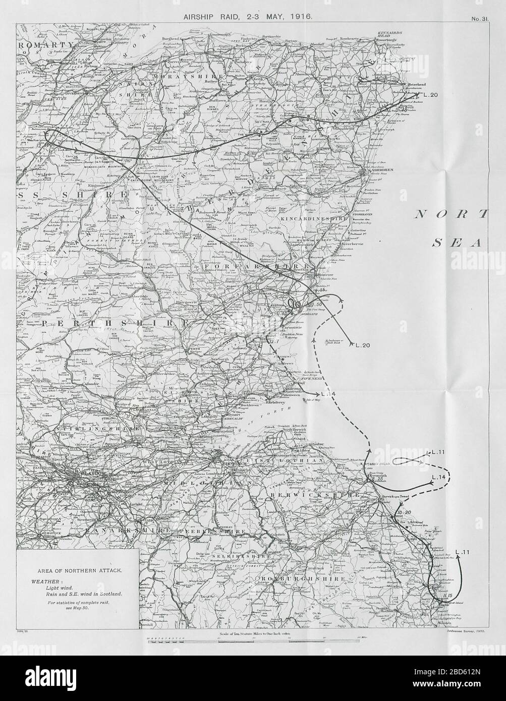 First World War German Airship raid 2-3 May 1916. Arbroath St Andrews Scotland 1930 map Stock Photo