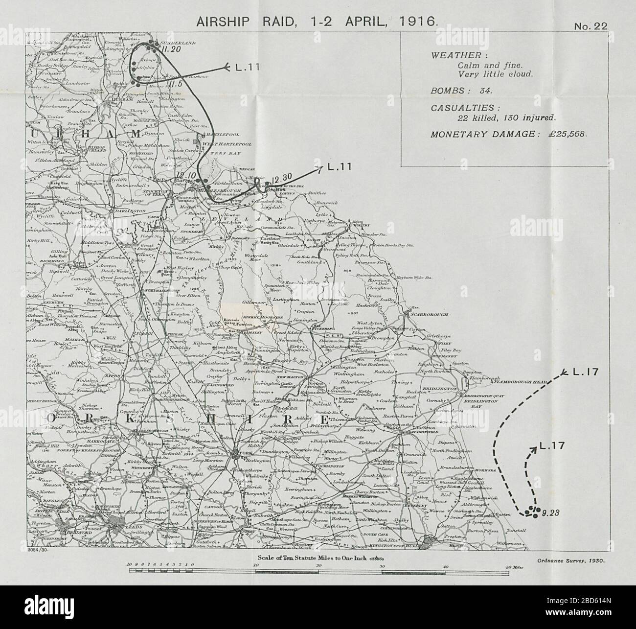 First World War German Airship raid April 1916 Middlesbrough Sunderland Saltburn 1930 map Stock Photo