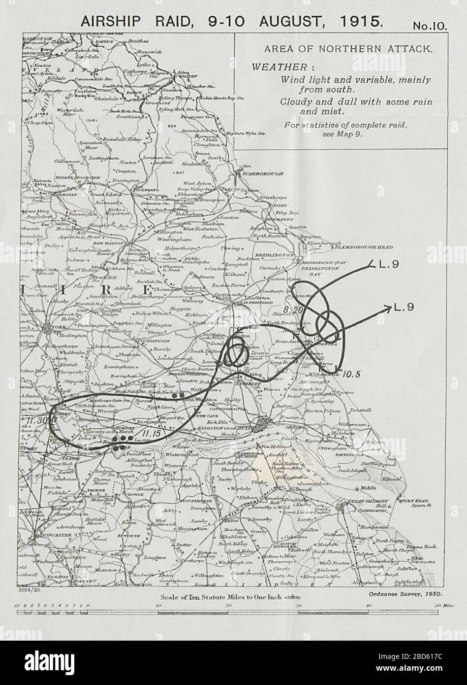 First World War German Airship raid 9-10 August 1915. Goole Humber Yorkshire 1930 old map Stock Photo