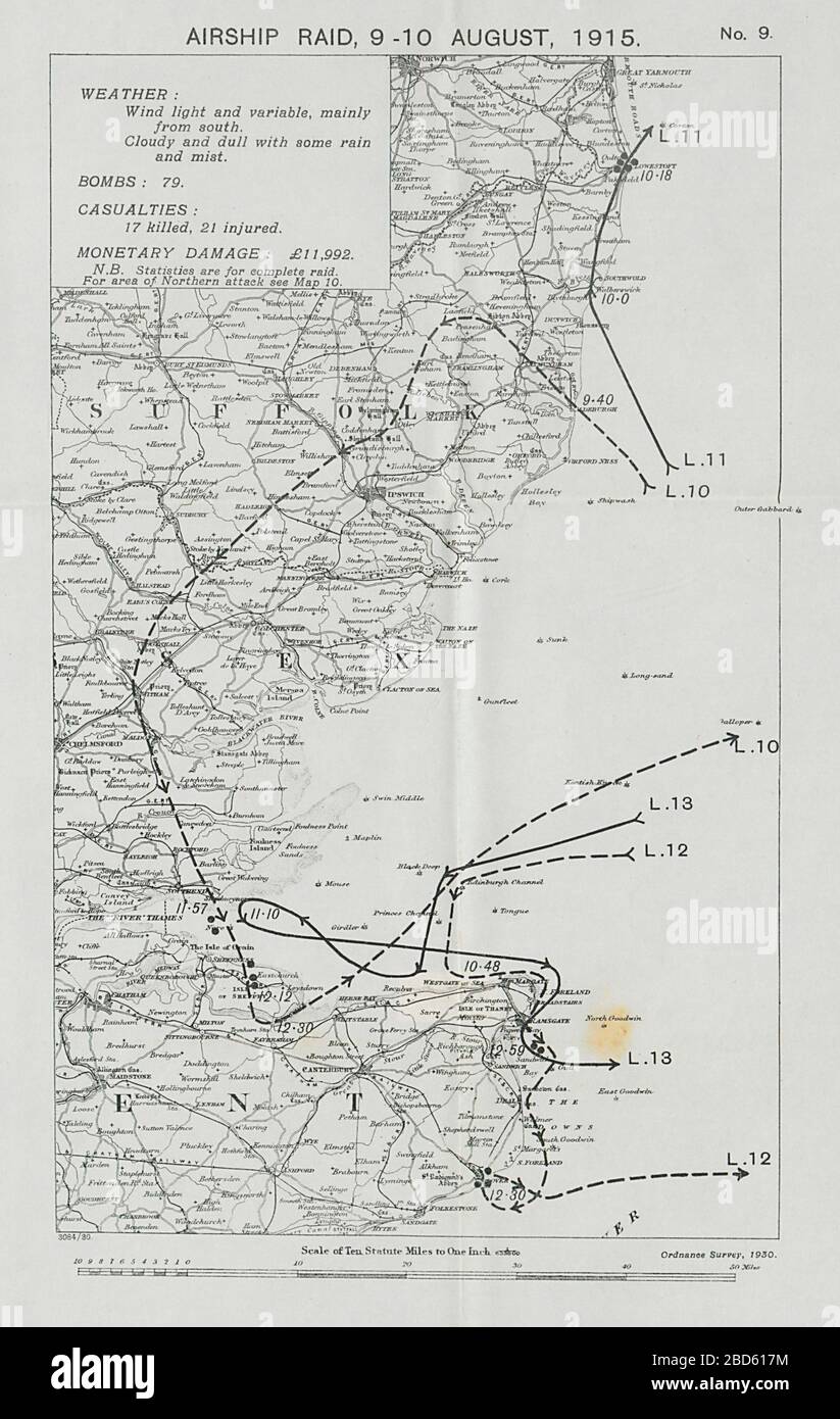 First World War German Airship raid August 1915 Lowestoft Dover Ramsgate Sheerness 1930 map Stock Photo