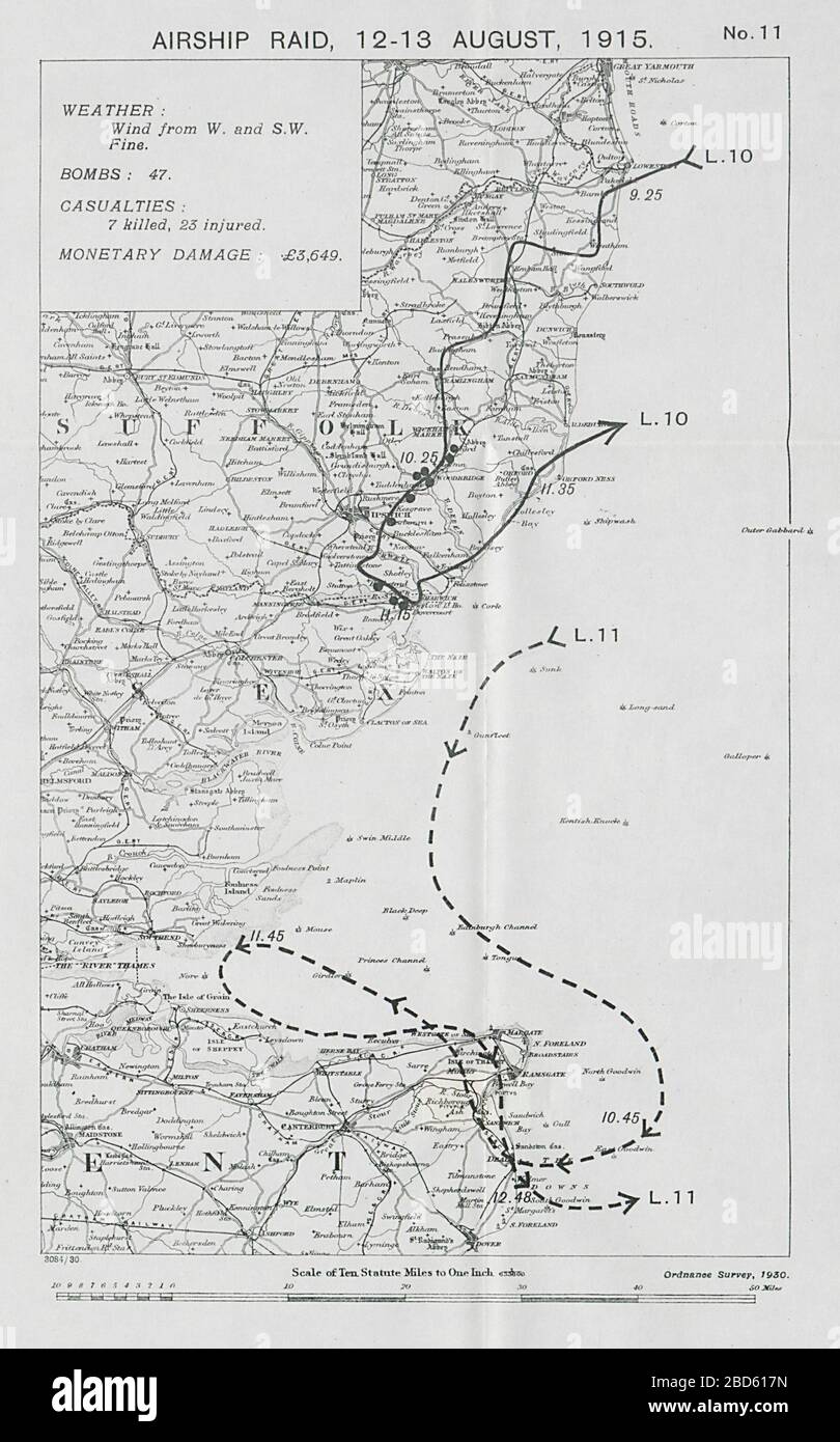First World War German Airship raid 12-13 August 1915 Harwich Ipswich Thanet 1930 old map Stock Photo