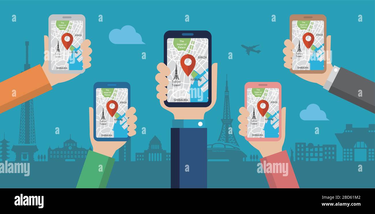 mobile gps navigation service flat illustration. Handholding mobile