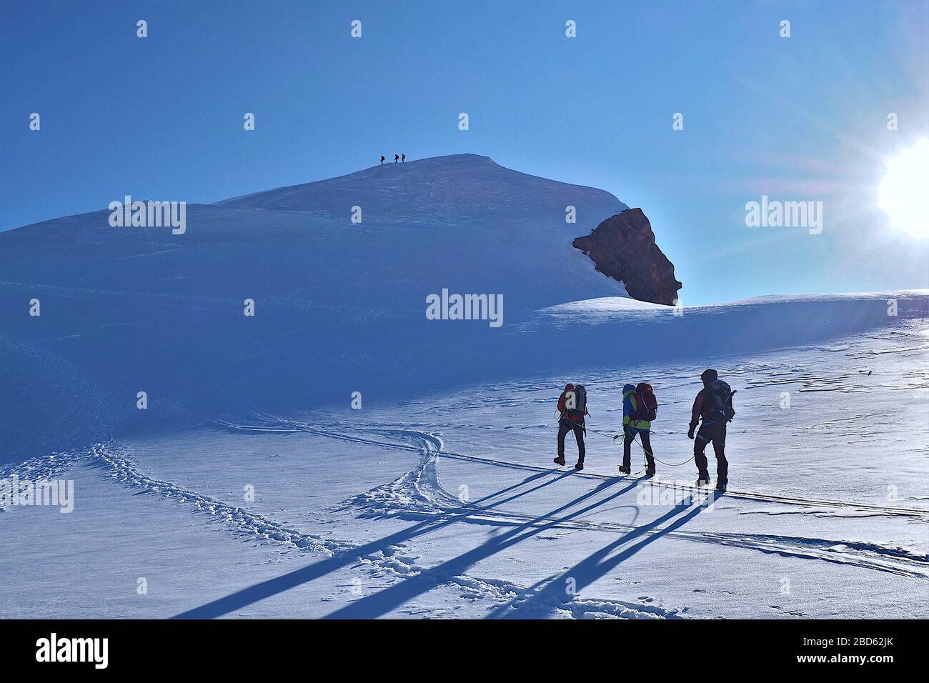 Rear view of Mountaineers ascending the Lys Glacier torwards Ludwigshohe summit in Monte Rosa group, Alps, Italy Stock Photo