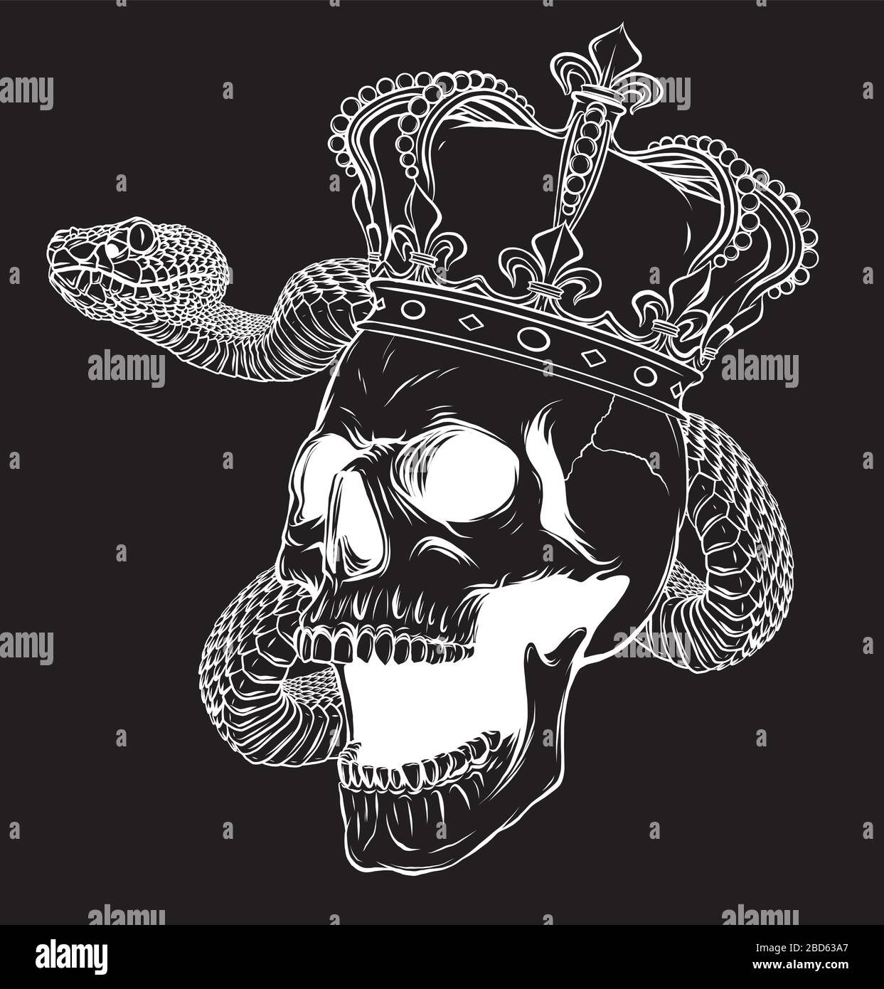 skull king with snake in black background vector illustration design Stock Vector