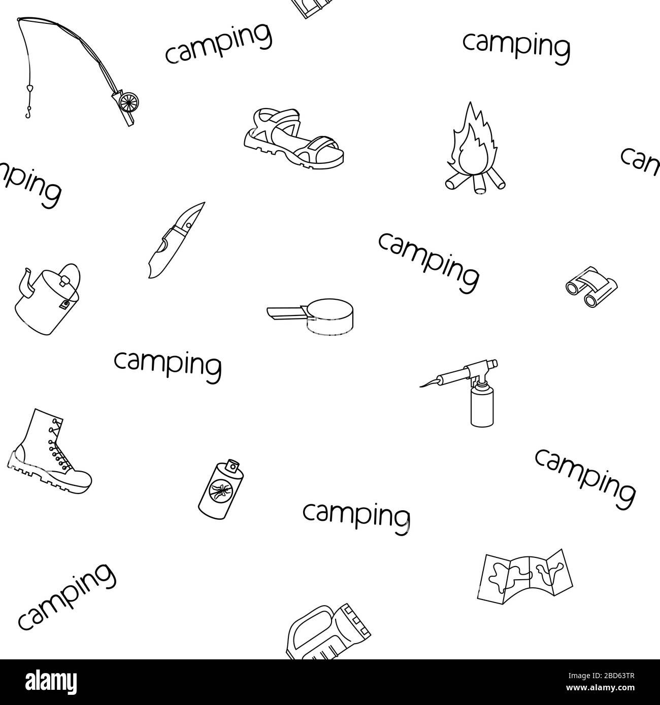 seamless vector pattern on the theme of camping, tourism, with camping accessories, on a white background, isolated, with the word Stock Vector