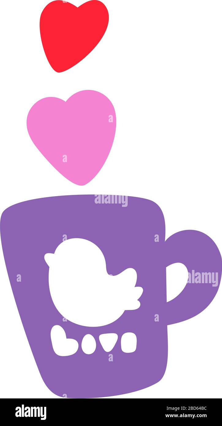 Valentines Day. Typographic postcard with cup, bird and hearts. Square format. Lettering word Love. Vector Illustration of a Valentine s Day. Isolated Stock Vector