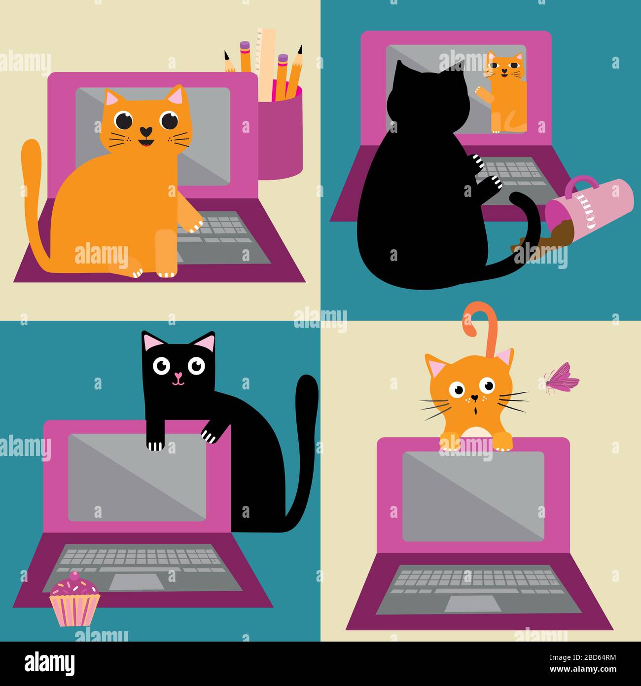 Cute cartoon cat and laptop vector seamless pattern background. Ginger ...
