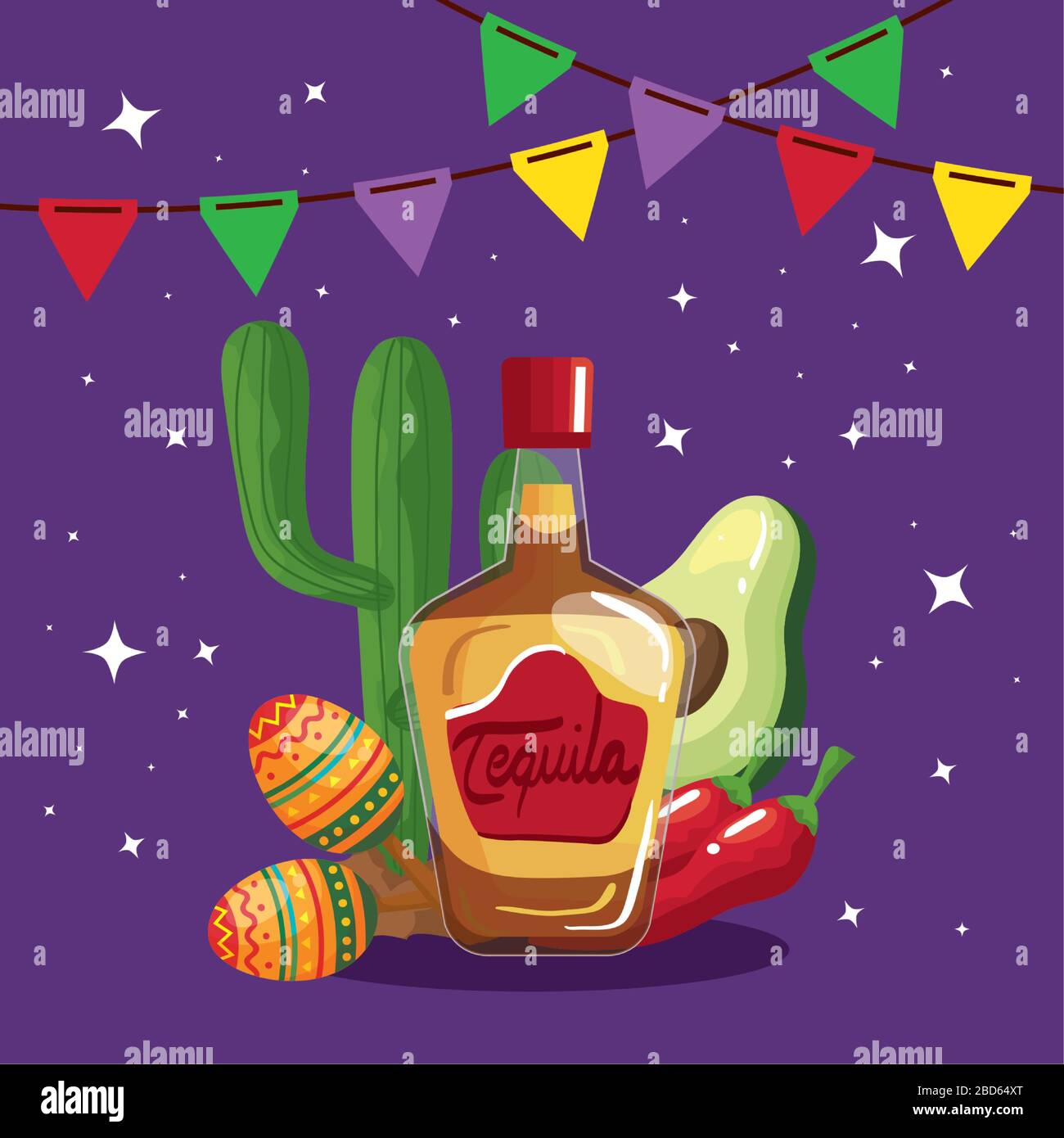 Mexican tequila bottle maracas cactus avocado and chillis vector design ...
