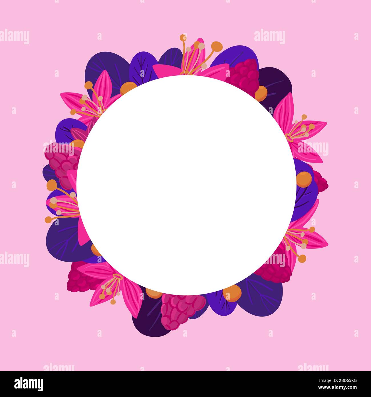 Pink Rounded Frame Or Rounded Photo Border Summer pink round frame. Raspbery, flowers and leaves. Bright exotic ...