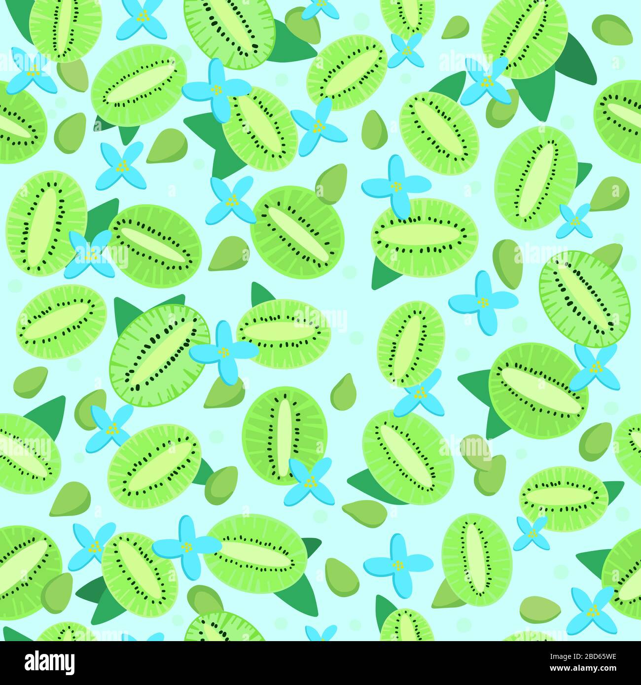 Summer green kiwi seamless pattern. Bright blue texture. Healthy vegetarian food. Fresh and juice fruits and berries. Vector illustration Stock Vector