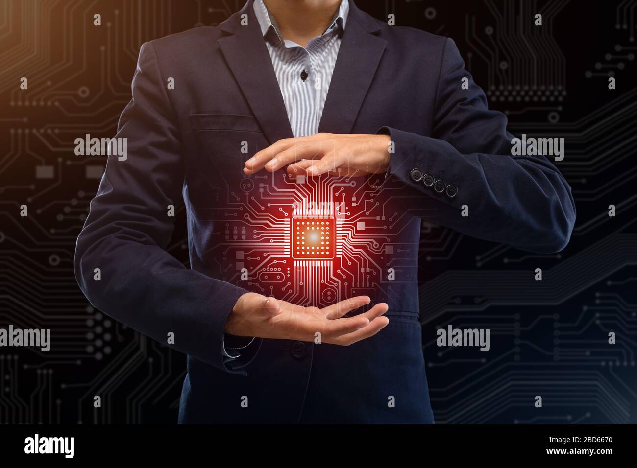 Computer technologies. Collage with businessman holding shining microprocessor over electrical circuit background Stock Photo