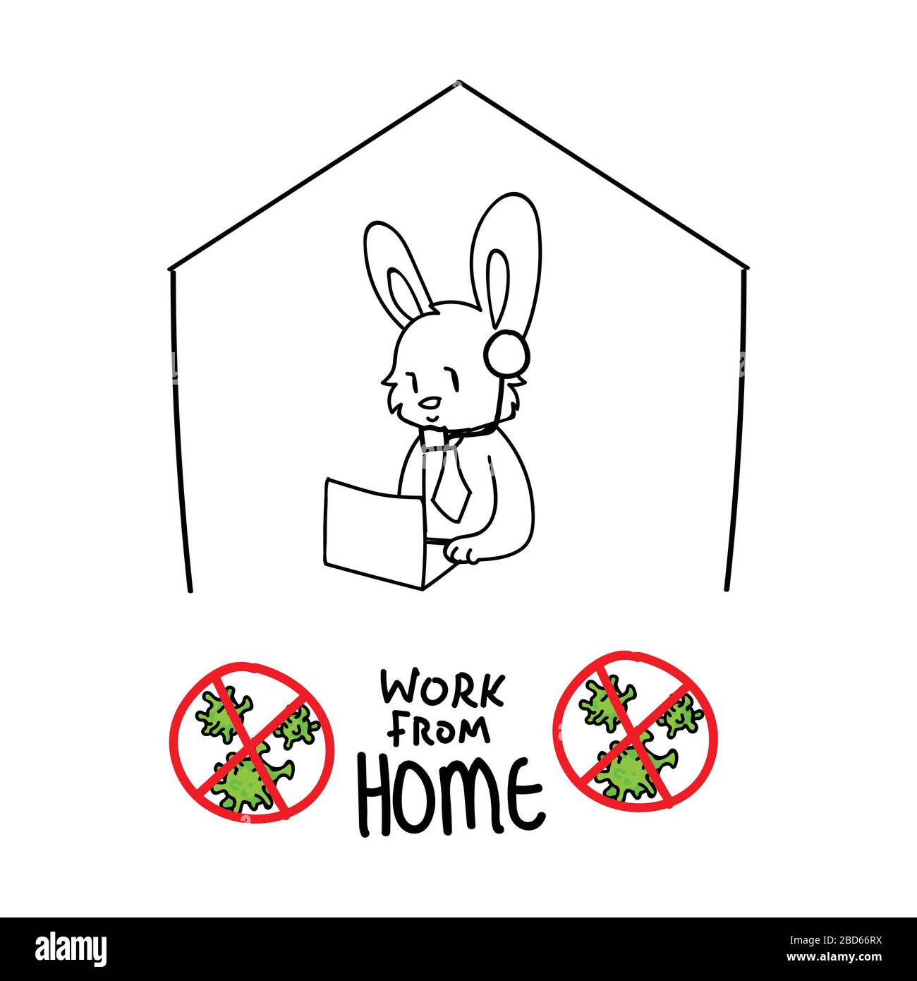 Corona virus kids cartoon work from home cute rabbit laptop infographic. Educational graphic self isolate family. Friendly social icon for children Stock Vector