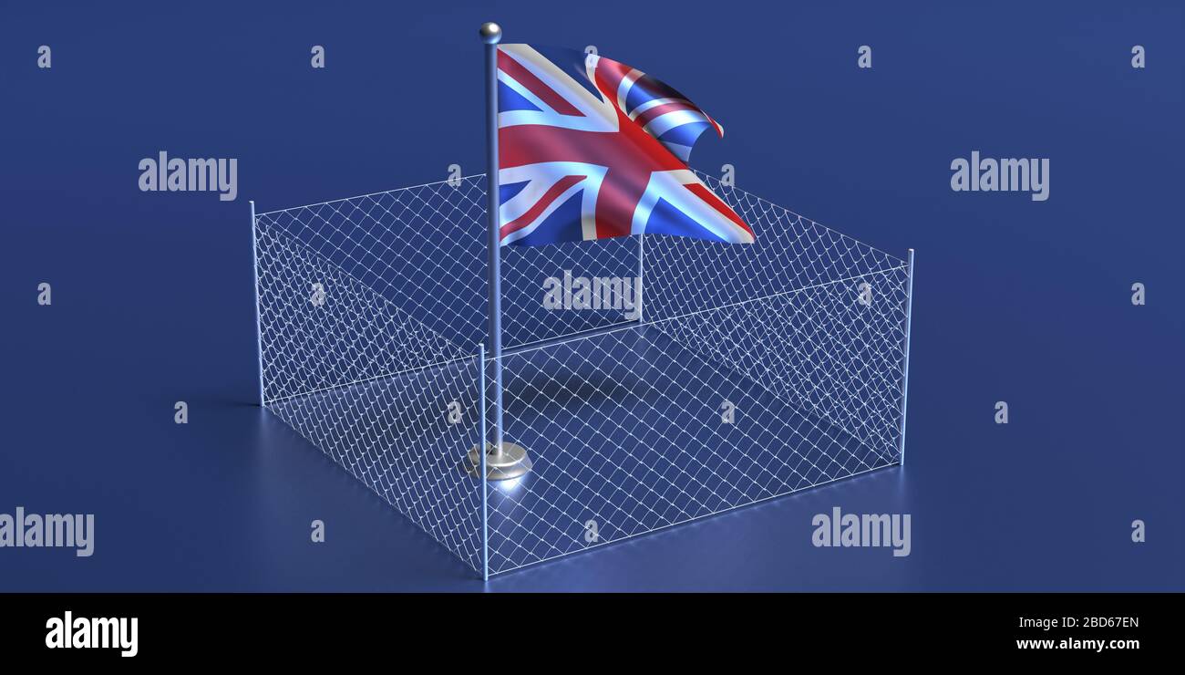 UK closed borders concept. United Kingdom flag on pole fenced with wire