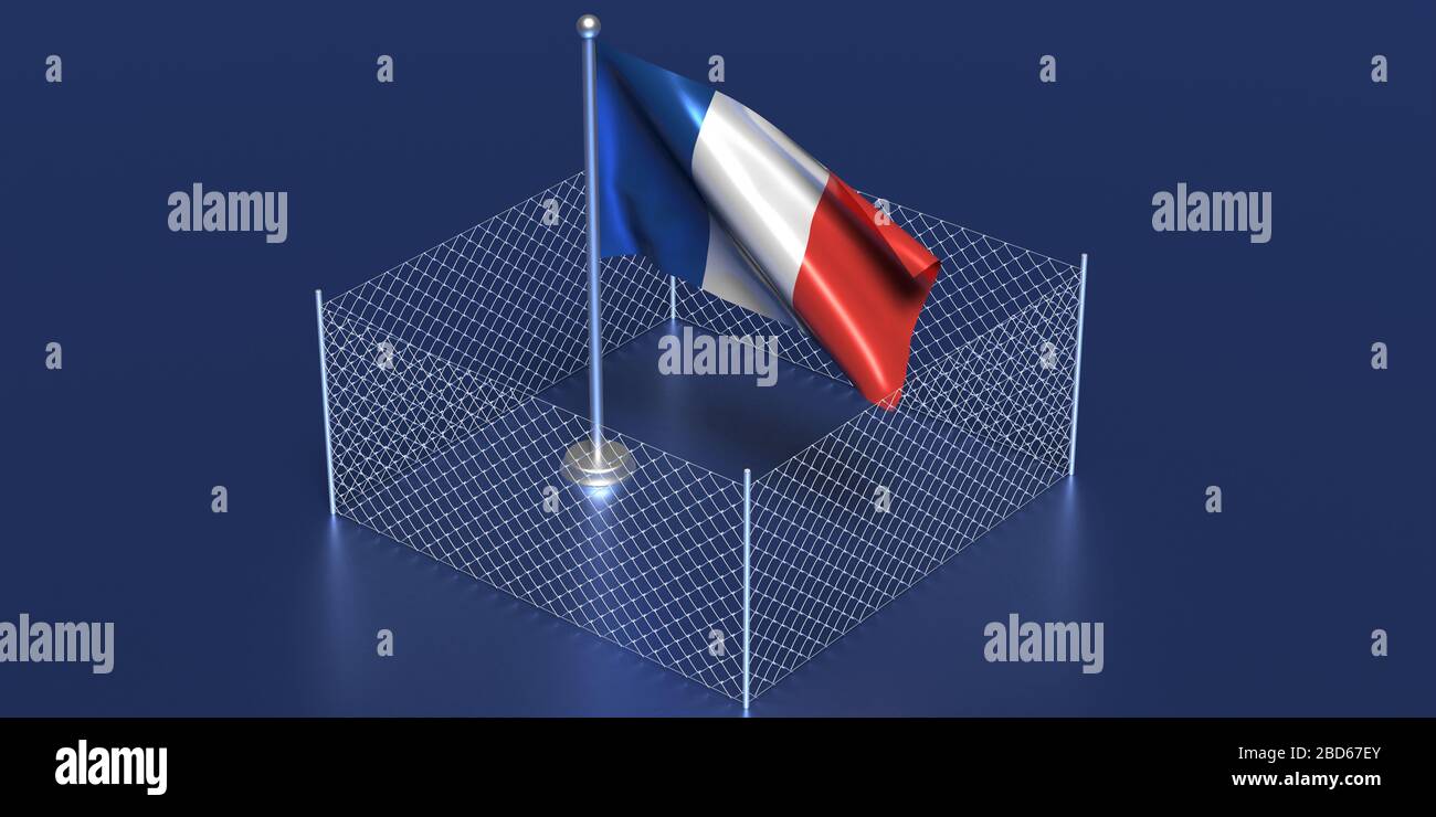 France closed borders concept. French flag on pole fenced with wire