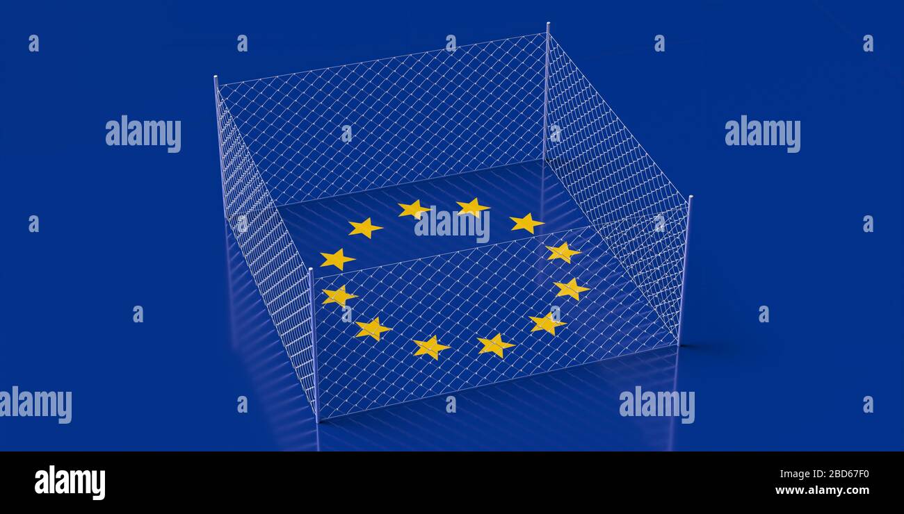 EU closed borders concept. European Union flag behind steel mesh wire