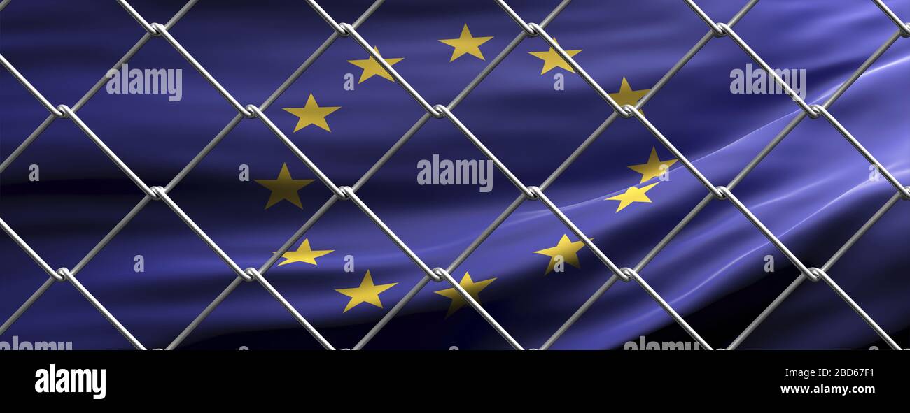 EU closed borders concept. European Union flag behind steel mesh wire