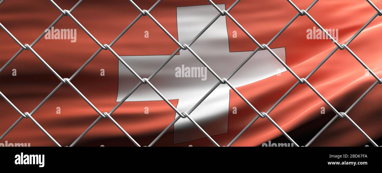 Switzerland closed borders concept. Swiss flag behind steel mesh wire fence. COVID 19 pandemic quarantine, 3d illustration Stock Photo