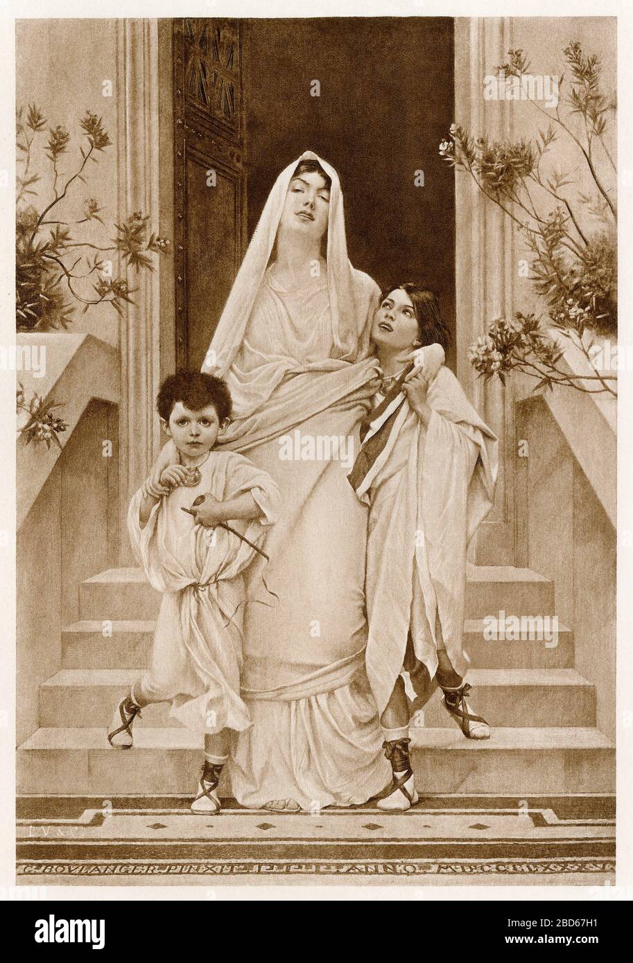 Cornelia with her sons, Tiberius and Gaius Gracchi, ancient Rome. Photogravure of an illustration Stock Photo