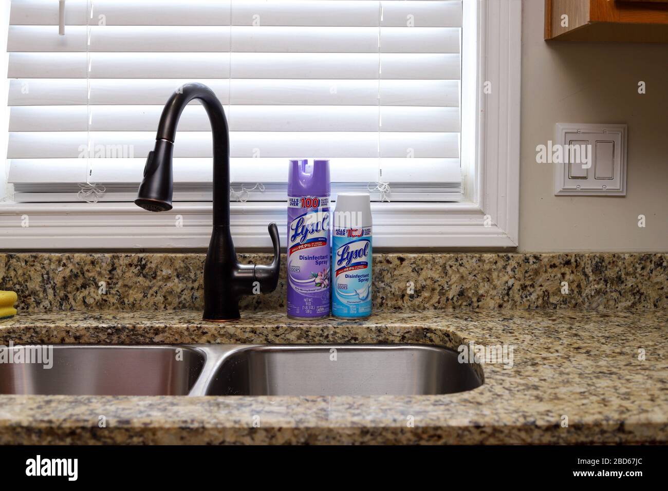 Louisville Kentucky Usa April 6 2020 Two Cans Of Lysol Disinfectant Spray On A Kitchen Sink Stock Photo Alamy
