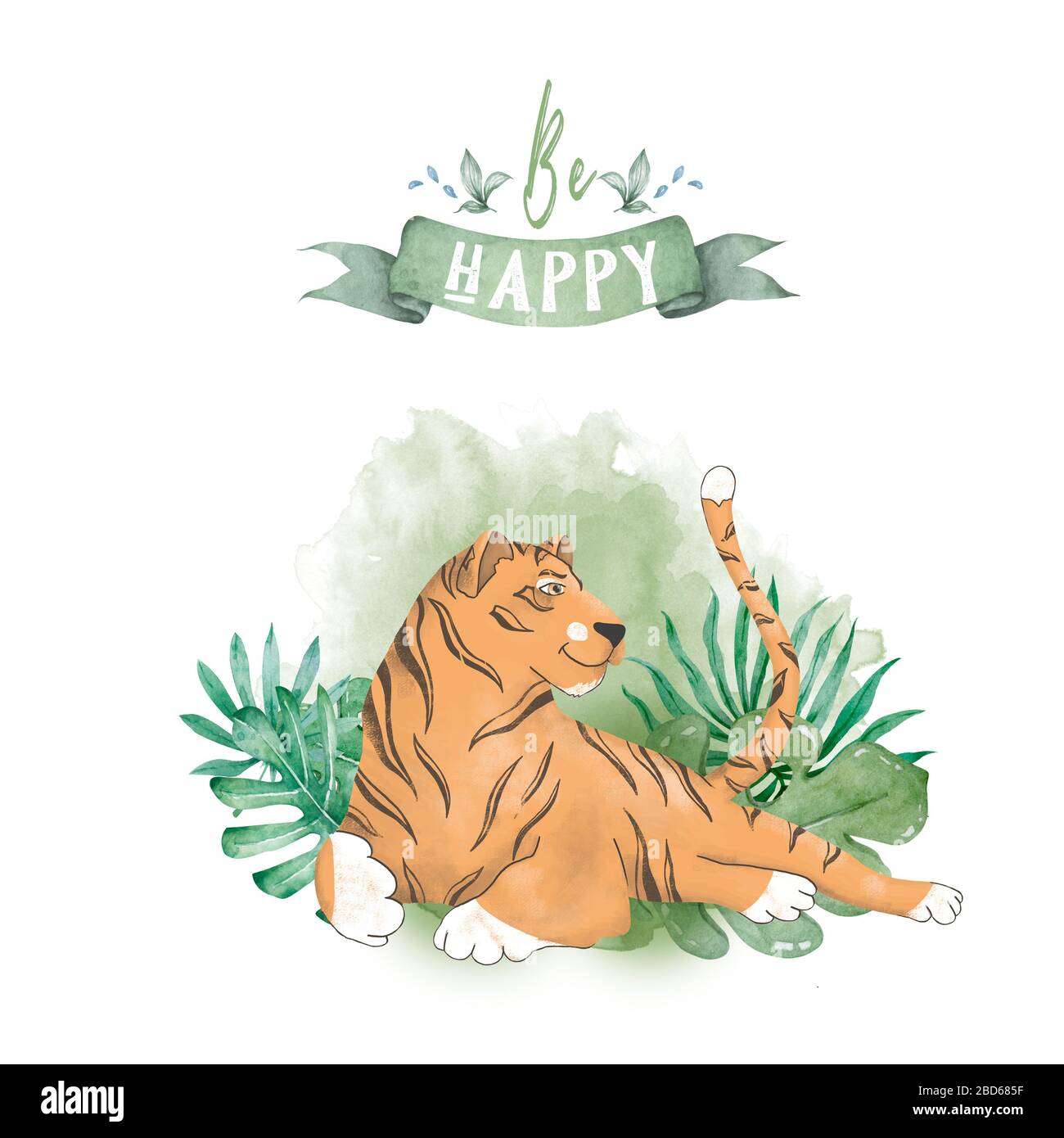 Baby Tiger collection. Cute little tiger. Hand drawn watercolor illustration with tropical leaves isolated on white background Stock Photo