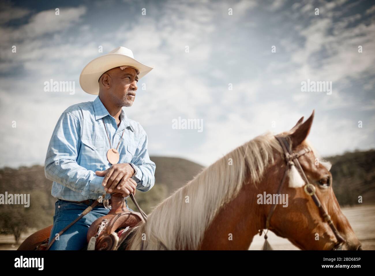 Man wearing a cowboy hat sits on a horse resting his hands on the pommel and looks away with a watchful gaze. Stock Photo