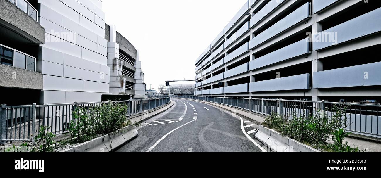 Empty streets at Düsseldorf Airport during the Corona crisis. Stock Photo