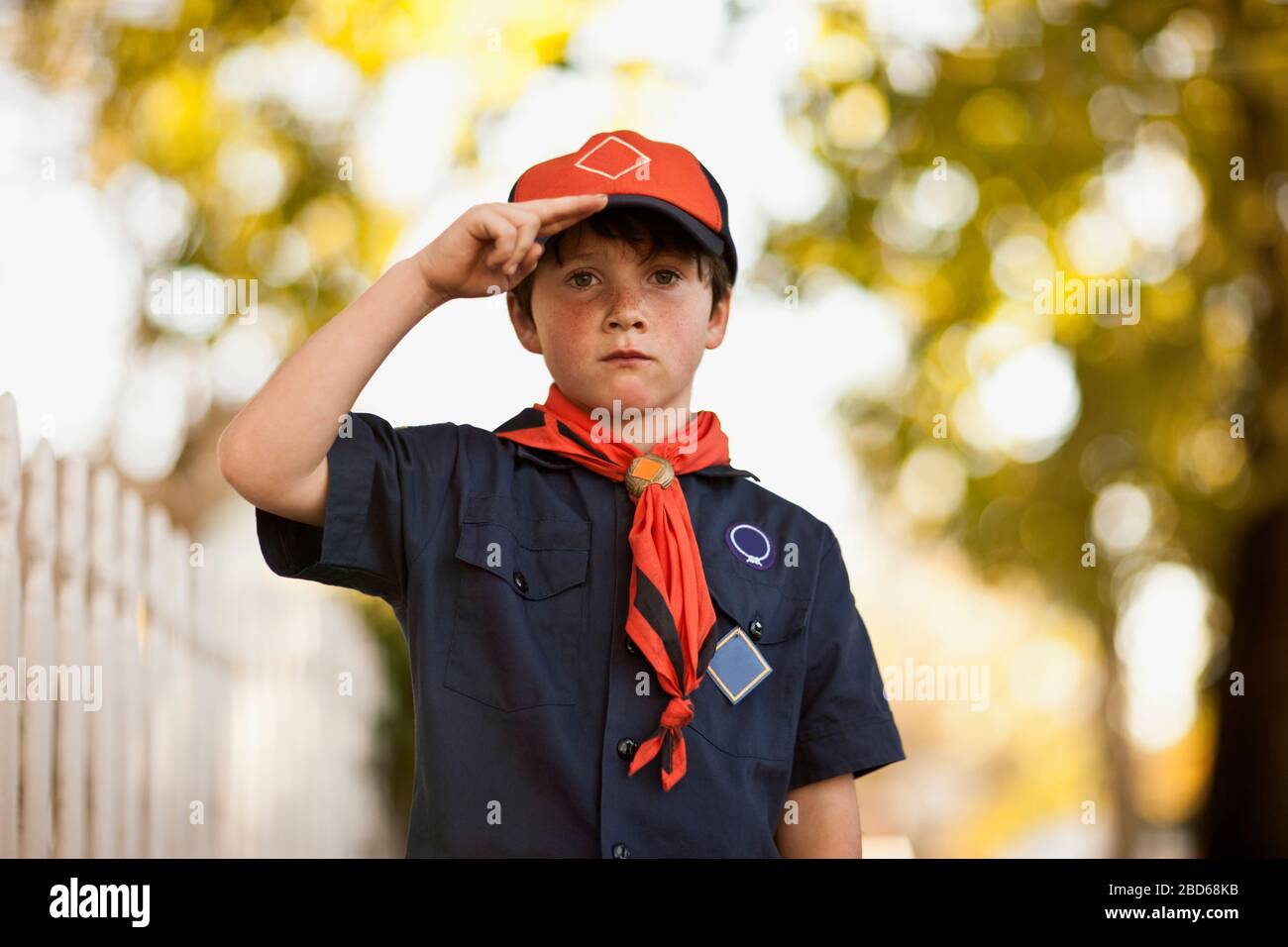 Boy Scout salutes while standing on a suburban street Stock Photo Alamy