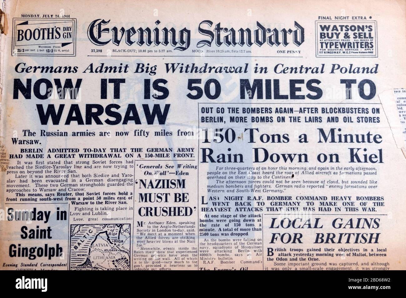 "Now It Is 50 Miles to Warsaw " Poland 24 July 1944 Evening Standard