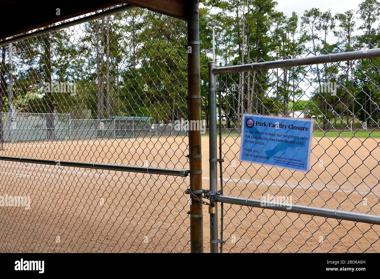 Baseball field closed and locked due to the virus covid-19, Westside Park, Gainesville, Alachua County, Florida, USA. Stock Photo