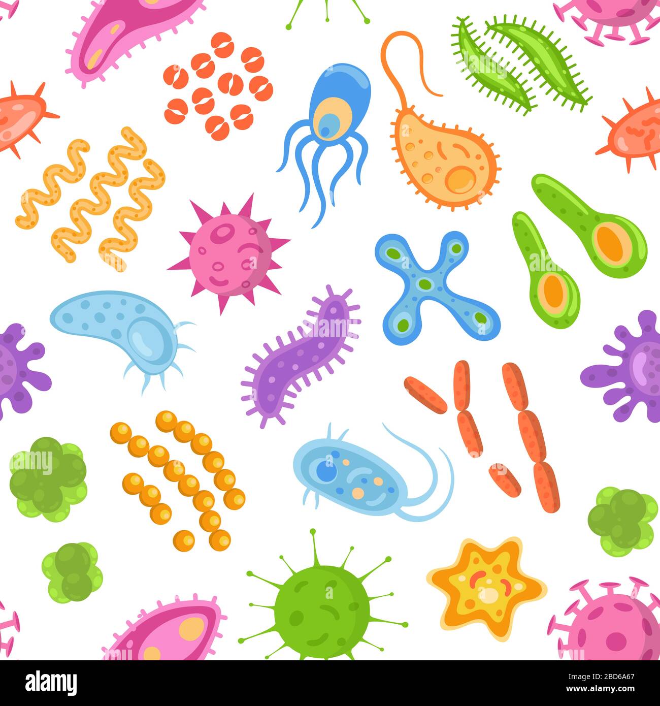 Seamless pattern with color cartoon bacteria, viruses and germs ...