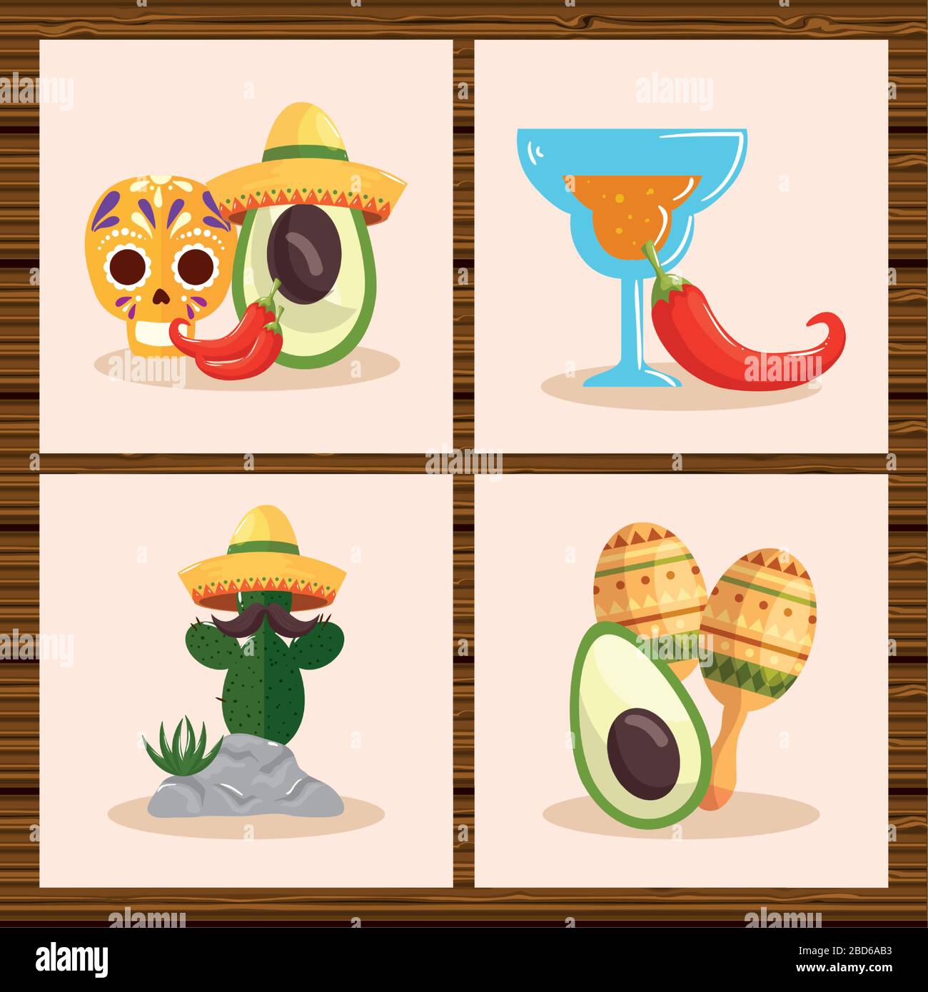 Mexican skull hat avocado chillis cocktail cactus and maracas vector ...